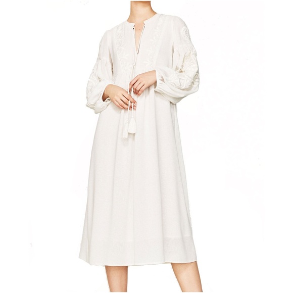 SOLD! Zara Embroidered Puffed Sleeve Linen Dress - Picture 2 of 8
